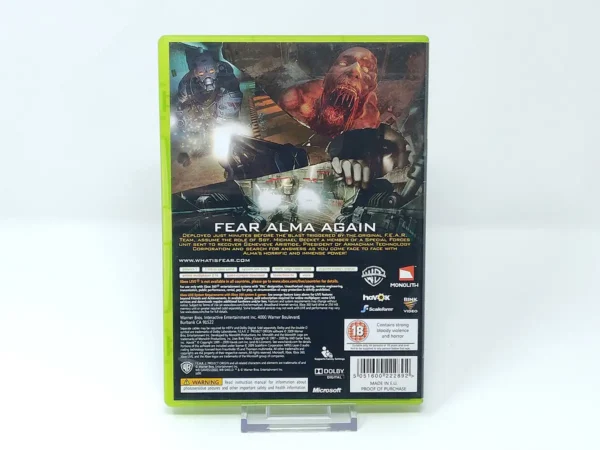 Parte trasera de F.E.A.R. 2: Project Origin (UK) para XBOX 360, edición PAL UK