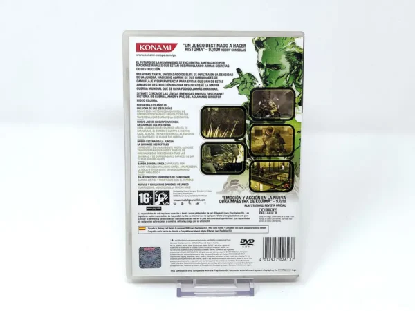 Parte trasera de Metal Gear Solid 3: Snake Eater (ESP) para PlayStation 2, edición PAL España