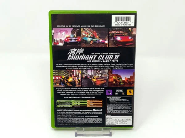 Parte trasera de Midnight Club II (USA) para XBOX, edición NTSC USA