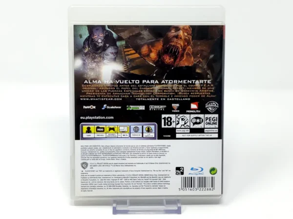 Parte trasera de F.E.A.R. 2: Project Origin (ESP) para PlayStation 3, edición PAL España