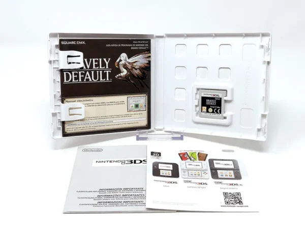 Interior del juego Bravely Default (ESP) para Nintendo 3DS con disco y manual