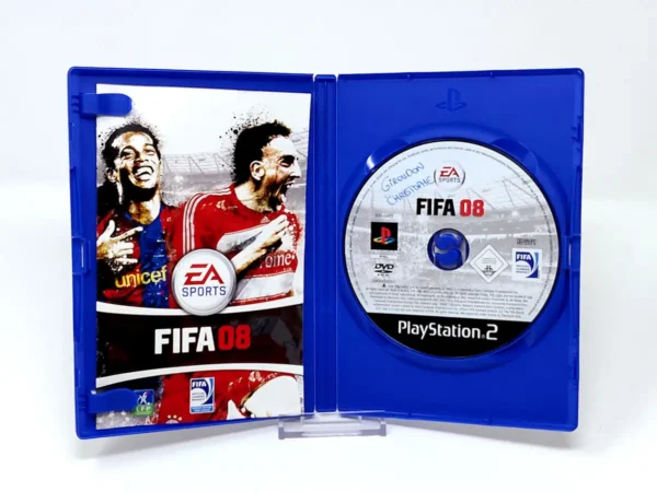 Interior del juego FIFA 08 (FRA) para PlayStation 2 con disco y manual