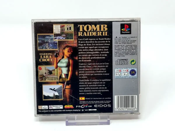 Parte trasera de Tomb Raider II: Starring Lara Croft (ESP) (Platinum) para PlayStation 1, edición PAL España