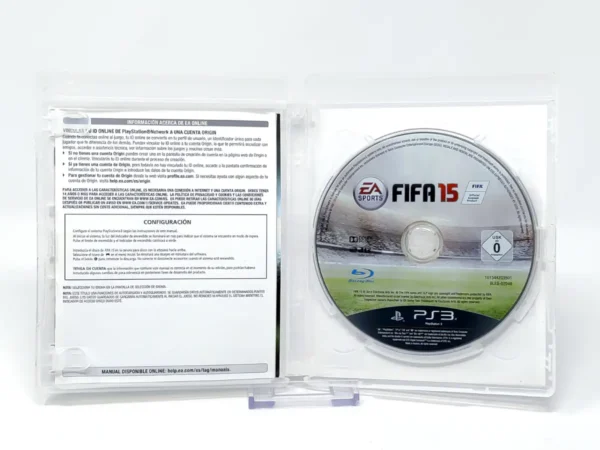 Interior del juego FIFA 15 (ESP) para PlayStation 3 con disco y manual
