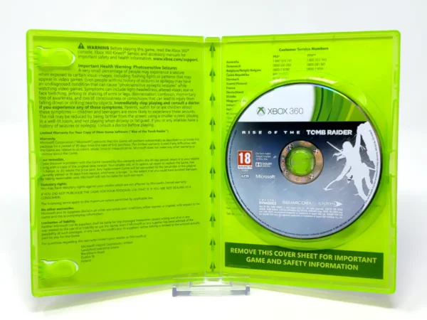 Interior del juego Rise of the Tomb Raider (UK) para XBOX 360 con disco y manual