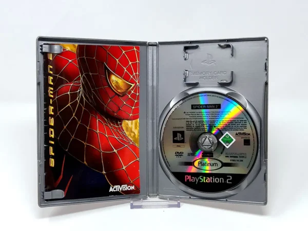 Interior del juego Spider-Man 2 (FRA) (Platinum) para PlayStation 2 con disco y manual