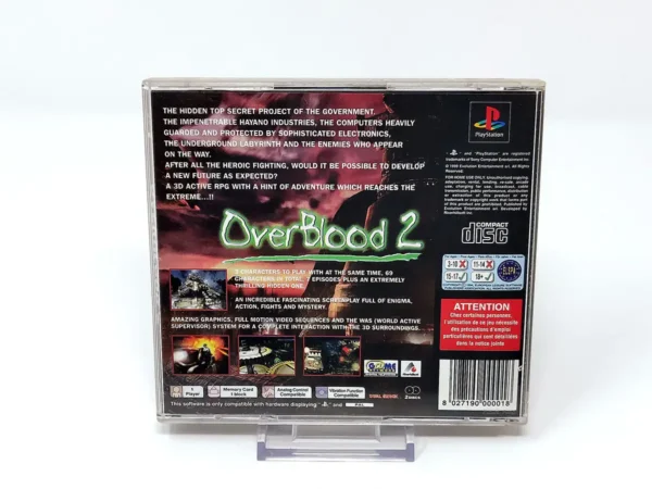 Parte trasera de OverBlood 2 (UK) para PlayStation 1, edición PAL UK