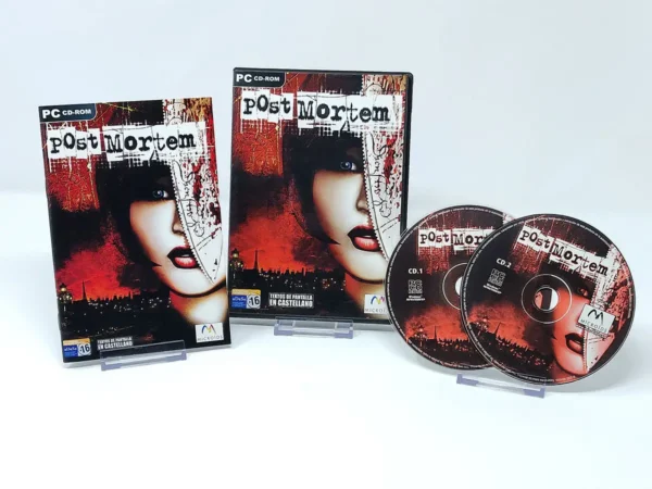 Interior del juego Post Mortem (ESP) para PC con disco y manual