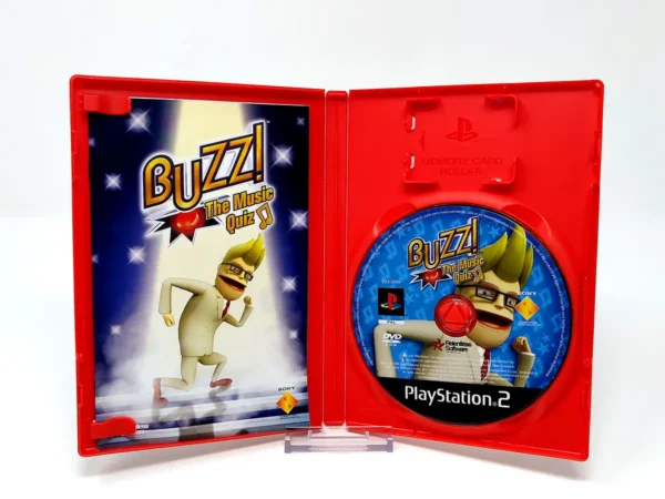 Interior del juego Buzz! The Music Quiz (UK) para PlayStation 2 con disco y manual