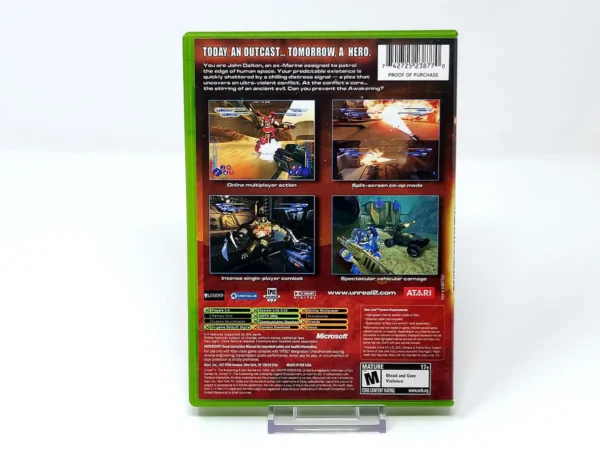Parte trasera de Unreal II: The Awakening (USA) para XBOX, edición NTSC USA