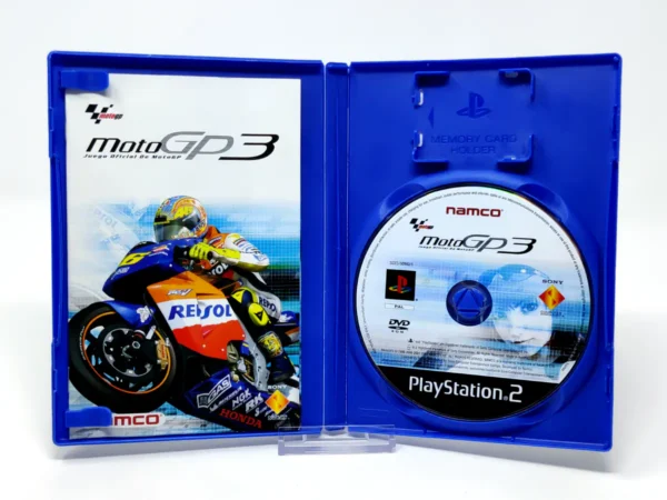 Interior del juego MotoGP 3 (ESP) para PlayStation 2 con disco y manual