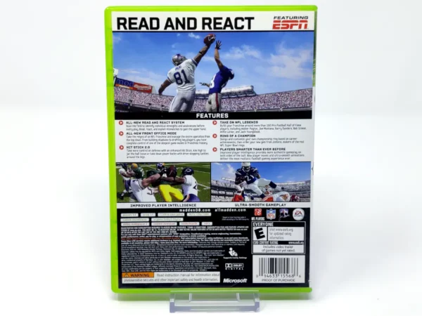 Parte trasera de Madden NFL 08 (USA) para XBOX 360, edición NTSC USA