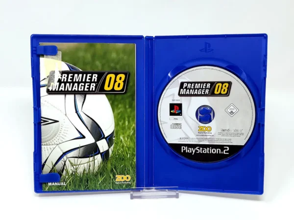 Interior del juego Premier Manager 08 (ESP) para PlayStation 2 con disco y manual