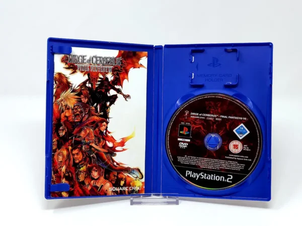 Interior del juego Dirge of Cerberus: Final Fantasy VII (ESP) para PlayStation 2 con disco y manual