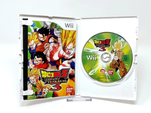 Interior del juego Dragon Ball Z: Budokai Tenkaichi 3 (ESP) para Nintendo Wii con disco y manual