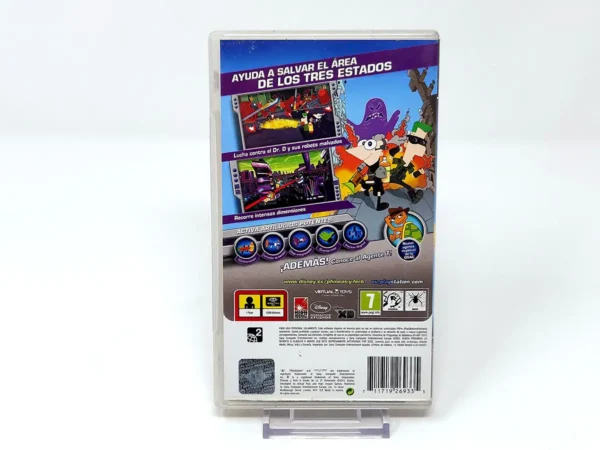 Parte trasera de Disney Phineas y Ferb: A Través de la 2ª Dimensión (ESP) para PSP, edición PAL España