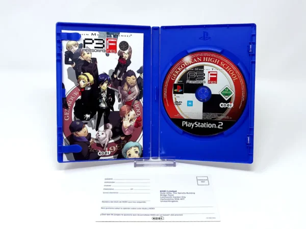 Interior del juego Persona 3 FES (ESP) para PlayStation 2 con disco y manual