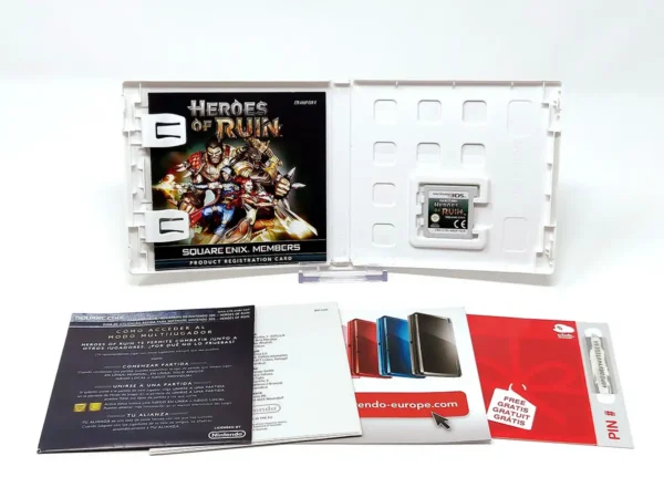 Interior del juego Heroes of Ruin (ESP) para Nintendo 3DS con disco y manual