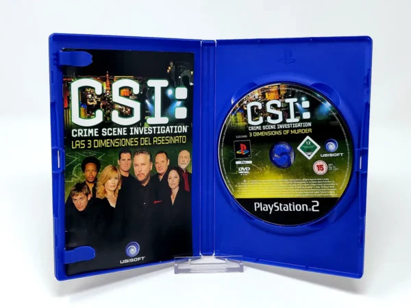 Interior del juego CSI: Las 3 Dimensiones del Asesinato (ESP) para PlayStation 2 con disco y manual
