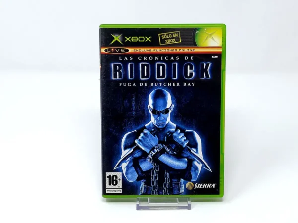 Portada de Las Crónicas de Riddick: La Fuga de Butcher Bay (ESP) para XBOX, edición PAL España, de segunda mano