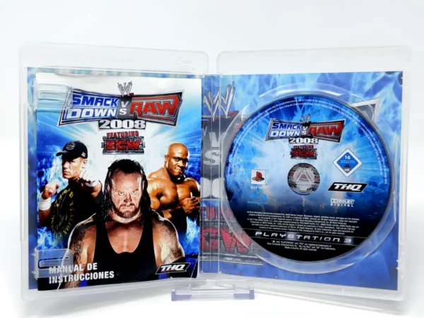 Interior del juego WWE SmackDown vs. Raw 2008 (ESP) (v1) para PlayStation 3 con disco y manual