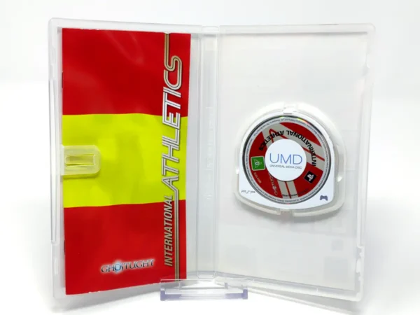 Interior del juego International Athletics (ESP) para PSP con disco y manual
