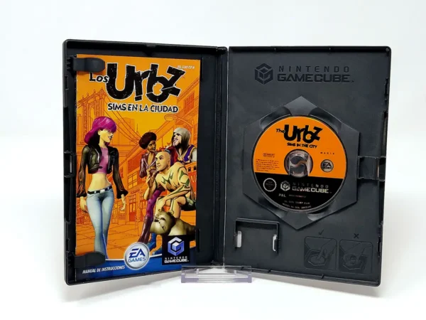 Interior del juego Los Urbz: Sims en la Ciudad (ESP) para Nintendo GameCube con disco y manual