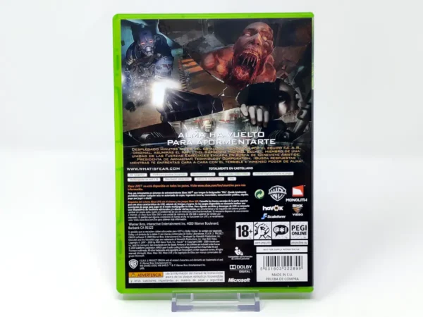 Parte trasera de F.E.A.R. 2: Project Origin (ESP) para XBOX 360, edición PAL España