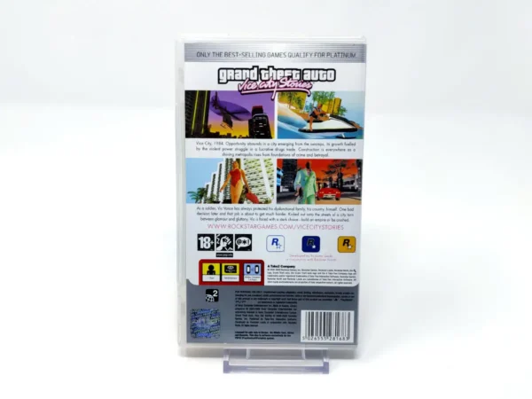 Parte trasera de Grand Theft Auto: Vice City Stories (UK) (Platinum) para PSP, edición PAL UK