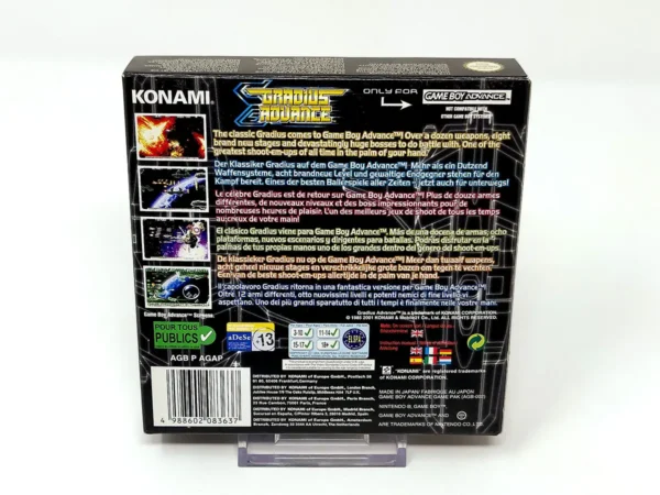 Parte trasera de Gradius Advance (ESP) para Nintendo Game Boy Advance, edición PAL España