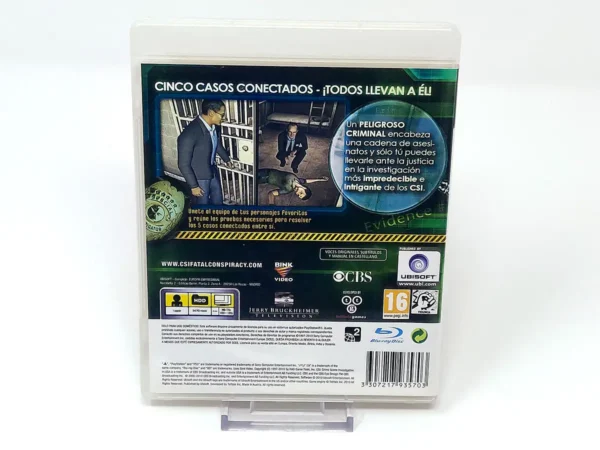 Parte trasera de CSI: Crime Scene Investigation - La Conspiración (ESP) para PlayStation 3, edición PAL España