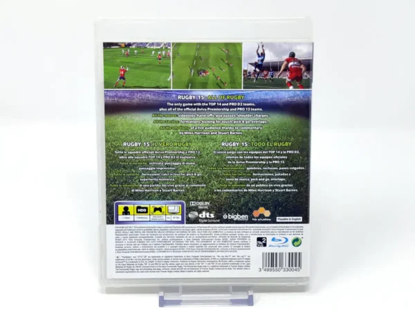 Parte trasera de Rugby 15 (ESP) para PlayStation 3, edición PAL España