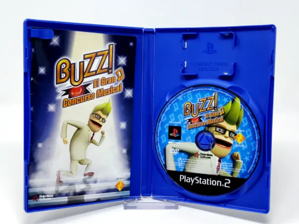 Interior del juego Buzz! El Gran Concurso Musical (ESP) (v2) para PlayStation 2 con disco y manual