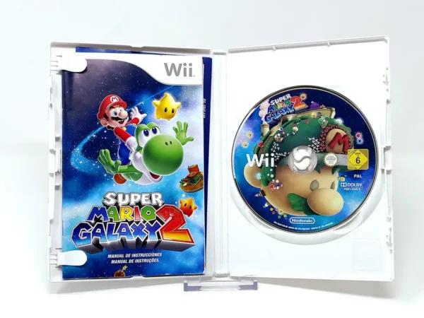 Interior del juego Super Mario Galaxy 2 (ESP) para Nintendo Wii con disco y manual