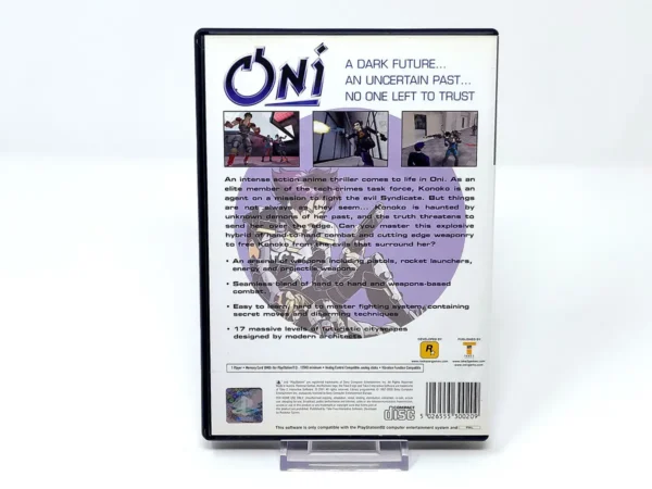 Parte trasera de Oni (UK) para PlayStation 2, edición PAL UK