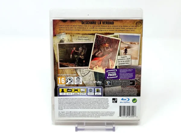 Parte trasera de Uncharted 3: La Traición de Drake (ESP) para PlayStation 3, edición PAL España