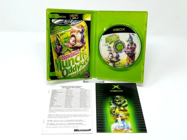 Interior del juego Oddworld: Munch's Oddysee (ESP) para XBOX con disco y manual