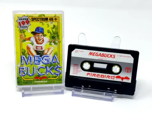 Interior del juego Mega-Bucks para Sinclair ZX Spectrum con disco y manual