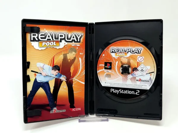 Interior del juego Realplay Pool (UK) para PlayStation 2 con disco y manual