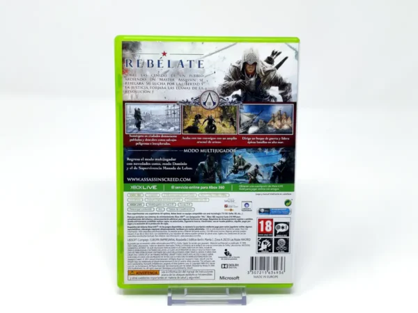 Parte trasera de Assassin's Creed III (ESP) para XBOX 360, edición PAL España