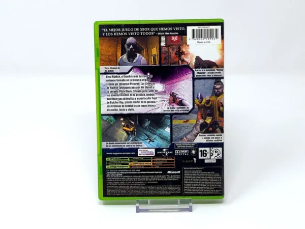 Parte trasera de Las Crónicas de Riddick: La Fuga de Butcher Bay (ESP) para XBOX, edición PAL España