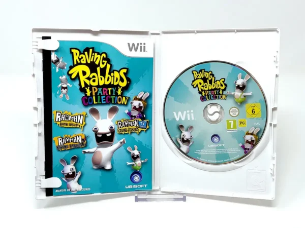 Interior del juego Raving Rabbids: Party Collection (ESP) para Nintendo Wii con disco y manual