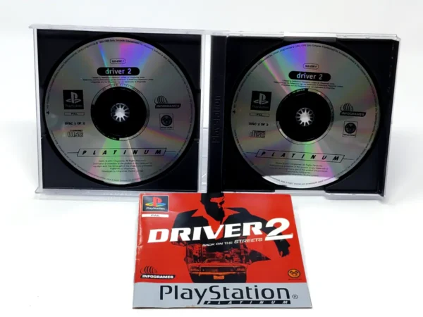 Interior del juego Driver 2: Back on the Streets (ESP) (Platinum) para PlayStation 1 con disco y manual