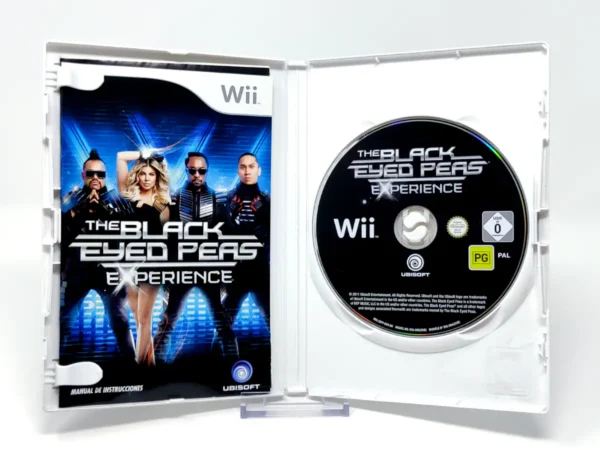 Interior del juego The Black Eyed Peas Experience (ESP) para Nintendo Wii con disco y manual