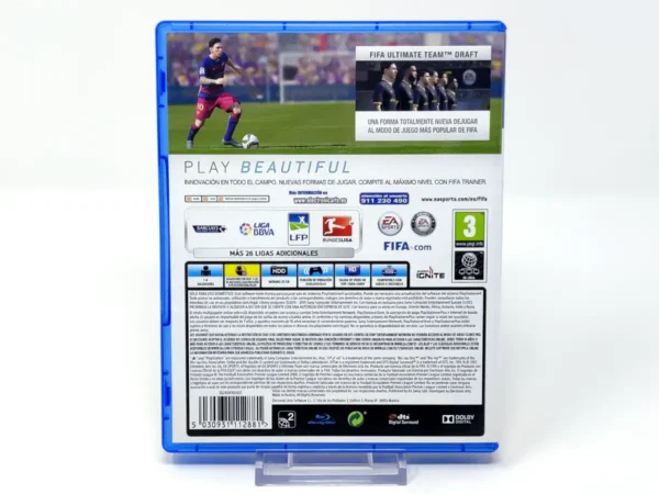 Parte trasera de FIFA 16 (ESP) para PlayStation 4, edición PAL España