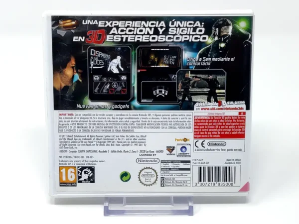 Parte trasera de Tom Clancy's Splinter Cell 3D (ESP) para Nintendo 3DS, edición PAL España