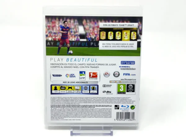 Parte trasera de FIFA 16 (ESP) para PlayStation 3, edición PAL España
