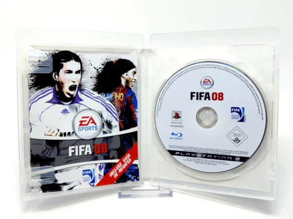 Interior del juego FIFA 08 (ESP) para PlayStation 3 con disco y manual