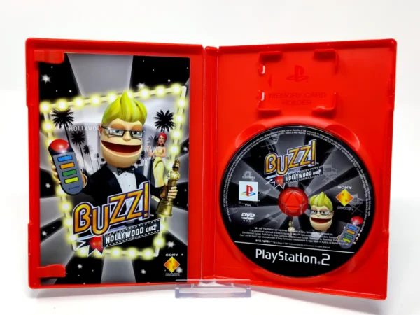 Interior del juego Buzz!: The Hollywood Quiz (FRA) para PlayStation 2 con disco y manual