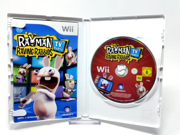 Interior del juego Rayman Raving Rabbids TV Party (ESP) (Selects) para Nintendo Wii con disco y manual